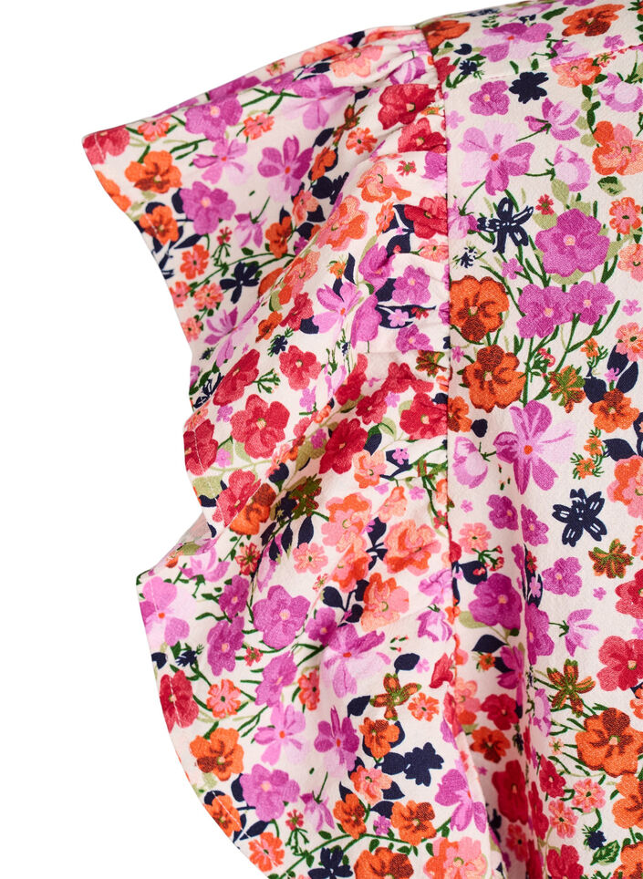 Blommig kl&auml;nning i bomull med volanger och v-ringning, Rosa, Packshot image number 3