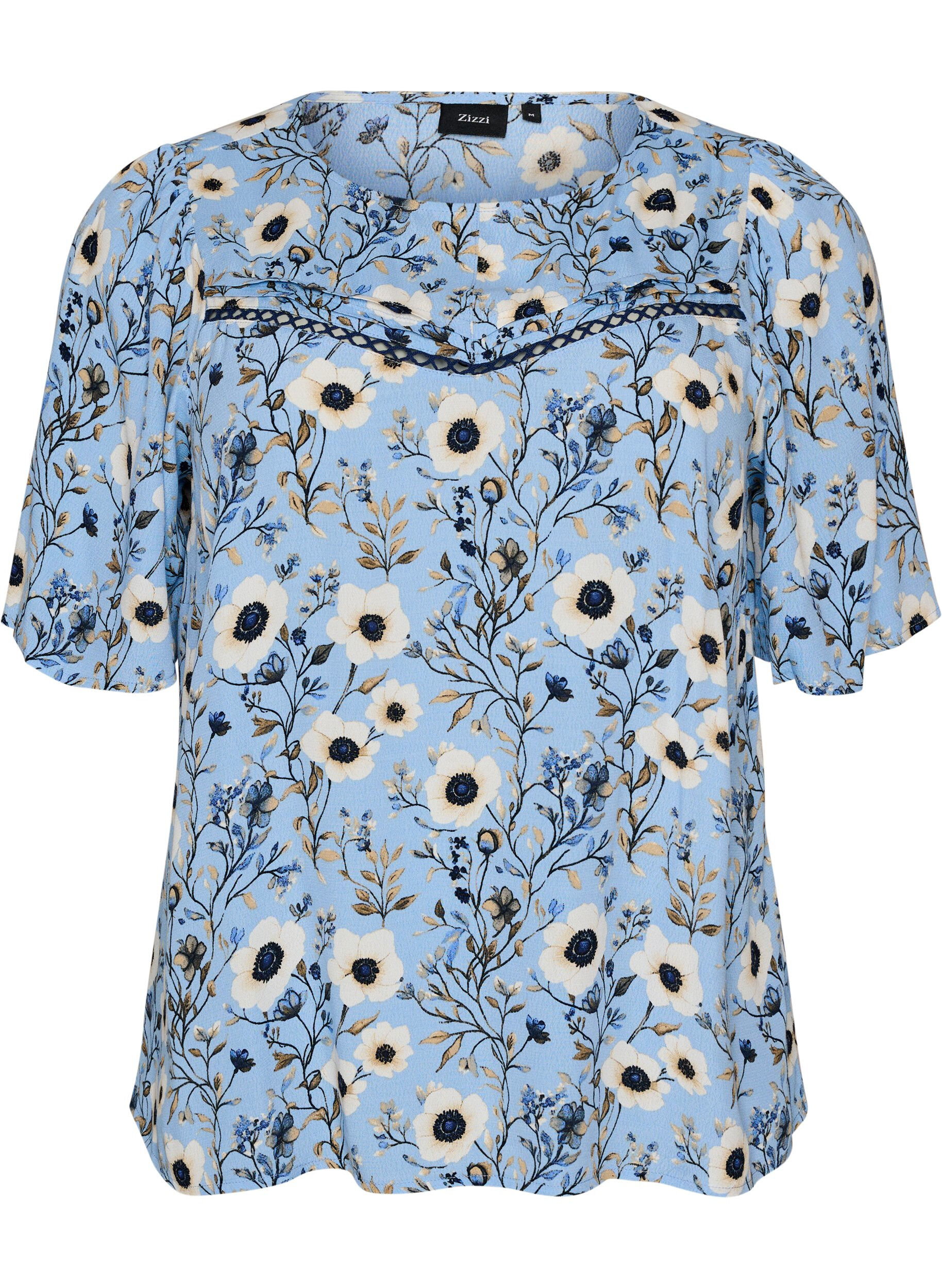 ZizziBlommig blus med korta &auml;rmar, Bl&aring;, Packshot image number 0