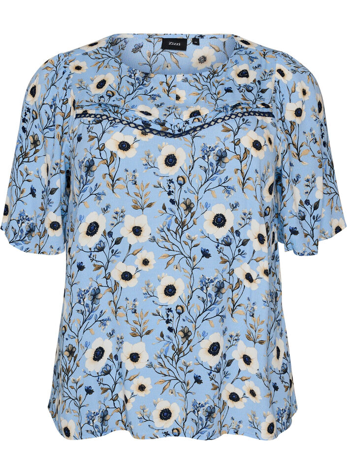 Blommig blus med korta &auml;rmar, Bl&aring;, Packshot image number 0