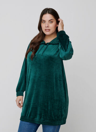 Sweatshirtklänning i velour med huva, Ponderosa Pine, Model image number 0