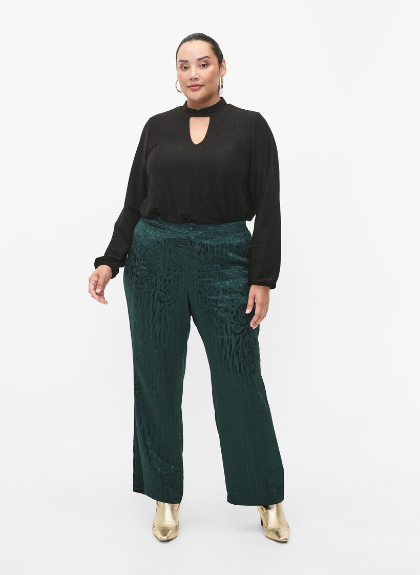 Långärmad blus i glitter med rund halsringning och V-detalj, Black Black, Model image number 3