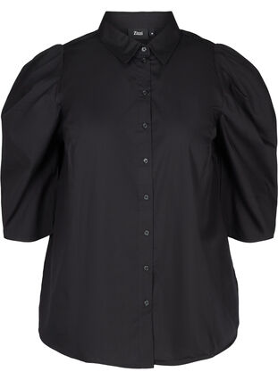 Skjorta i bomull med 3/4 puffärmar, Black, Packshot image number 0