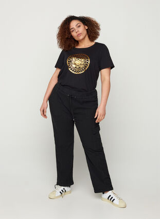 T-shirt i bomull med guldfärgat tryck, Black, Model image number 2