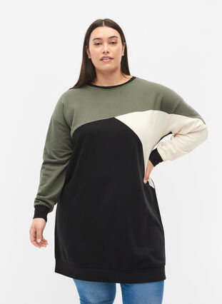 Lång sweatshirt med blockfärger, Black Color Block, Model image number 0