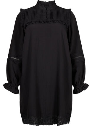 Viskosklänning med broderi anglaise och volangdetaljer, Black, Packshot image number 0