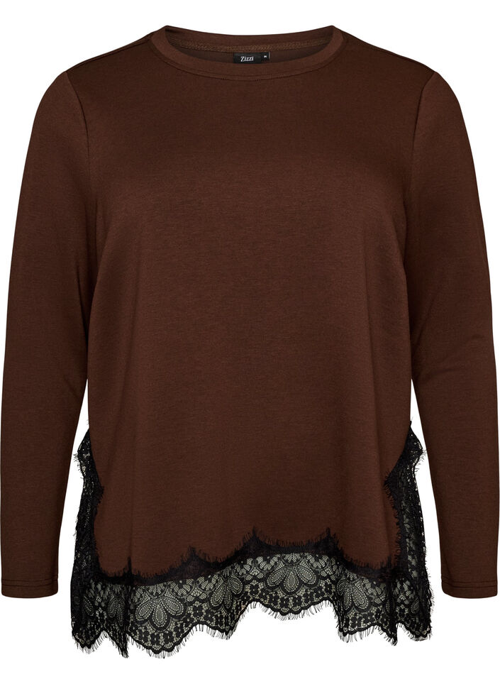Blus i jersey med spetskant, Brun, Packshot image number 0