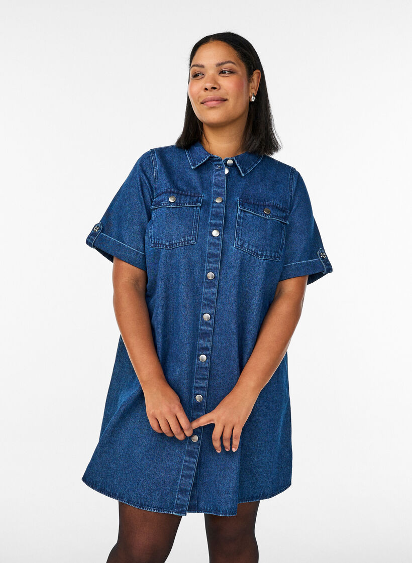 Denimkl&auml;nning med korta &auml;rmar och knappar, Bl&aring;, Model image number 0
