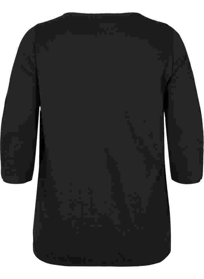 Enfärgad topp med 3/4 ärmar i bomull, Black, Packshot image number 1