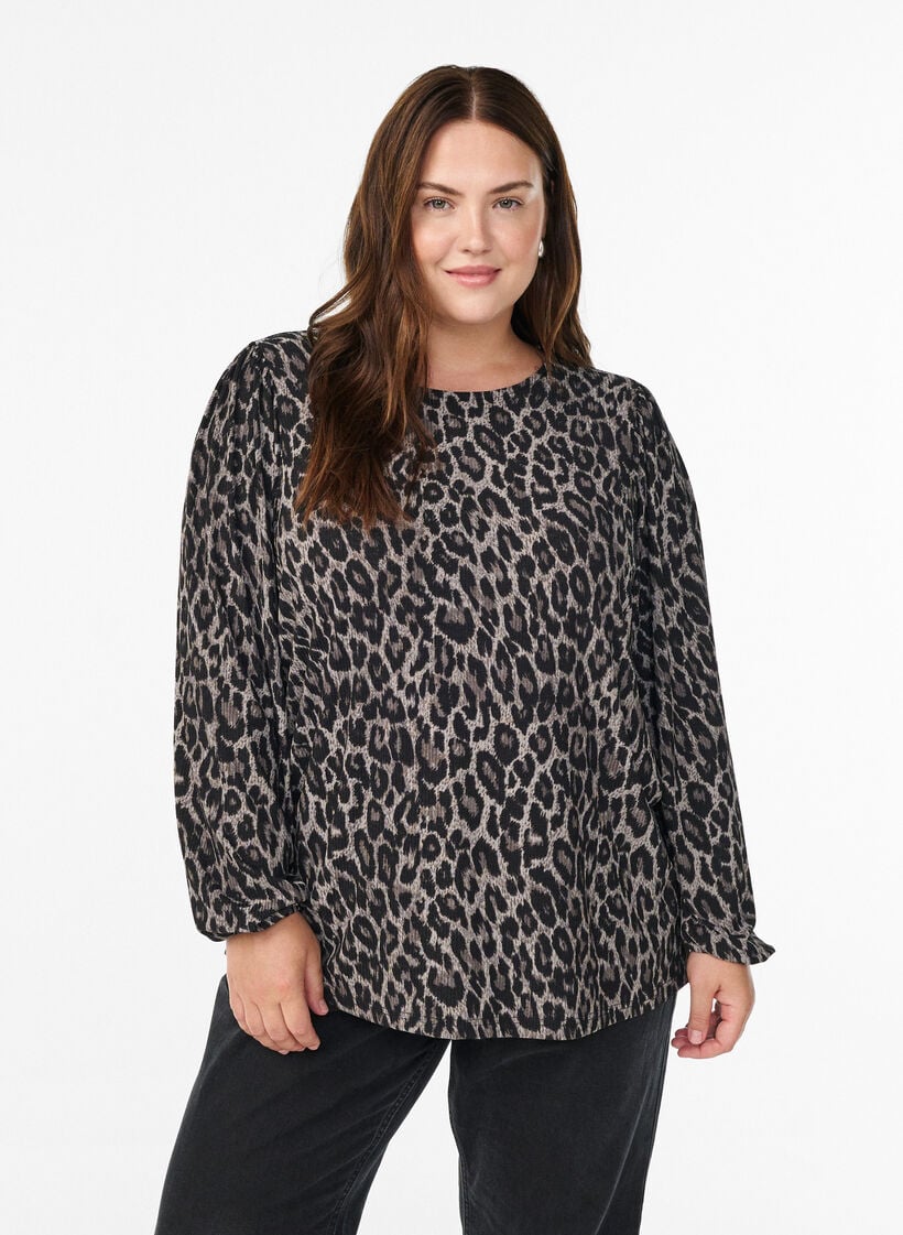 Blus med l&aring;nga &auml;rmar och leopardm&ouml;nster, Gr&aring;, Model image number 0