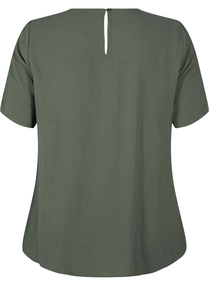 Kortärmad viskosblus med spetsdetalj, Thyme, Packshot image number 1