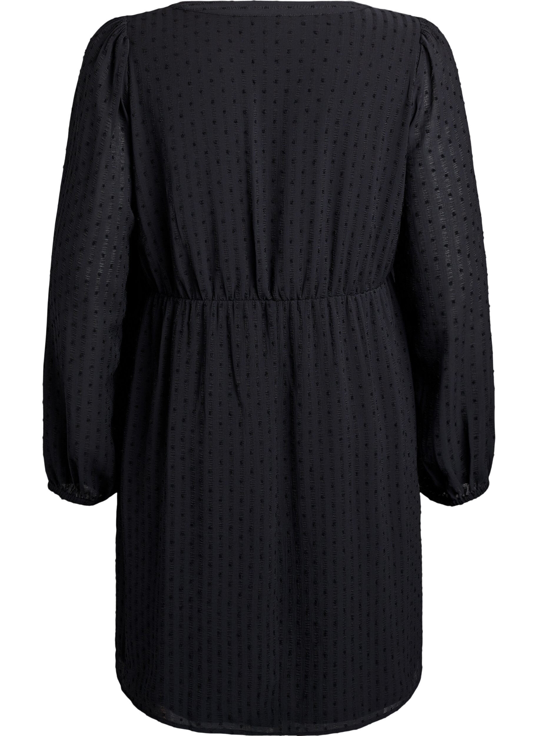 Zizzi Kort kl&auml;nning med ton-i-ton-r&auml;nder och strukturerade prickar, Svart, Packshot image number 1