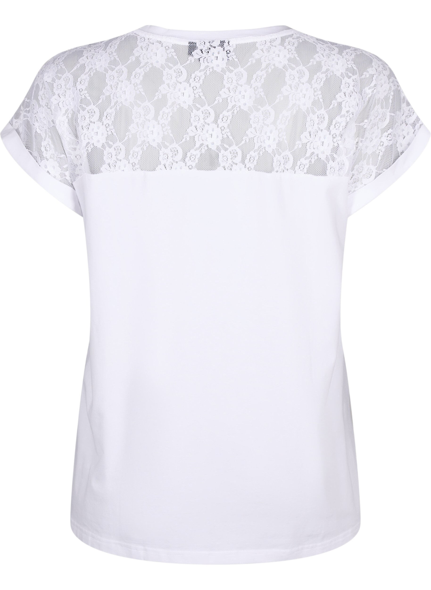 Zizzi Kort&auml;rmad t-shirt av bomull med spets, Bright White, Packshot image number 1