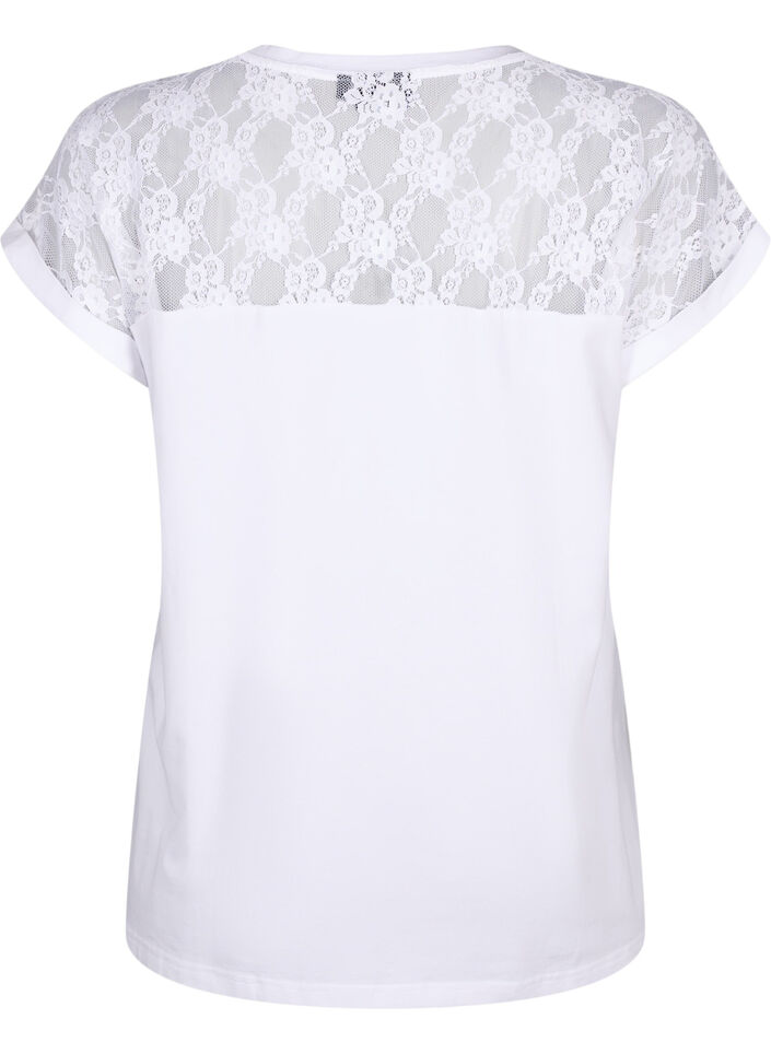 Kortärmad t-shirt av bomull med spets, Bright White, Packshot image number 1