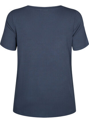T-shirt i ribbad viskos med v-ringning, Umbre Blue , Packshot image number 1