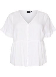 Blus i linne och viskos med v-ringning och kn&auml;ppning, Vit