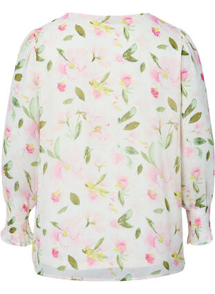 Blommig blus med långa ärmar och v-hals, White/Pink Flower, Packshot image number 1