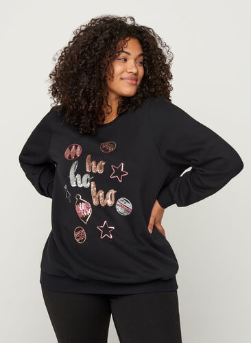 Sweatshirt med julmotiv och paljetter, Black, Model image number 0