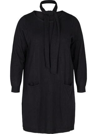 Långärmad stickad klänning med fickor, Black, Packshot image number 0