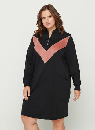Sweatklänning med fickor och blixtlås, Black w. Burlwood, Model image number 0
