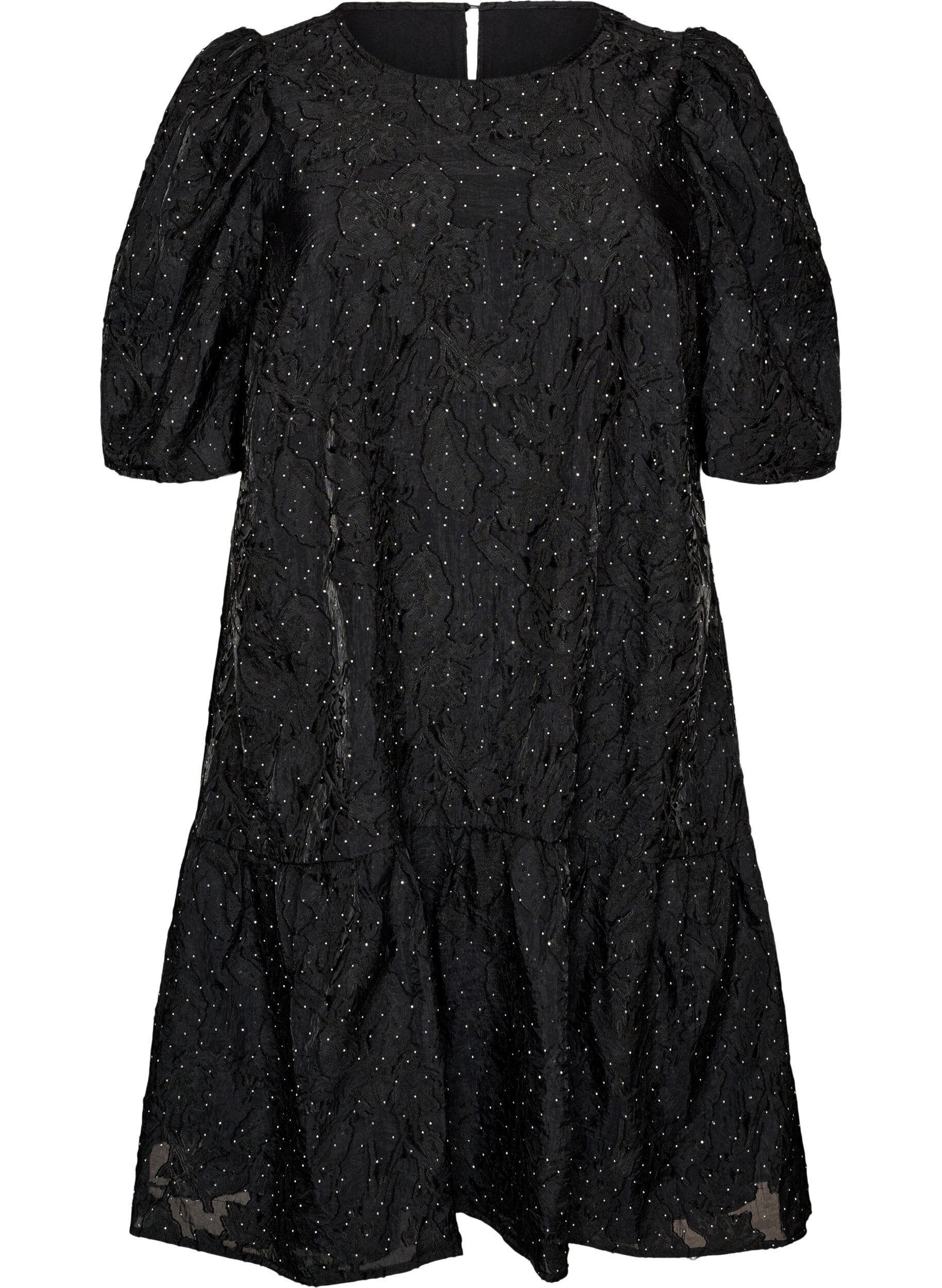 ZizziJacquardkl&auml;nning med glittriga detaljer och puff&auml;rmar, Svart, Packshot image number 0