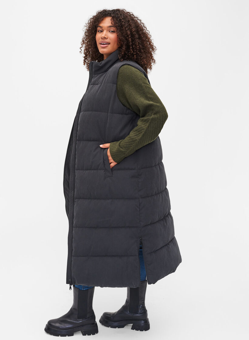 Lång väst med hög krage och fickor, Black, Model image number 1