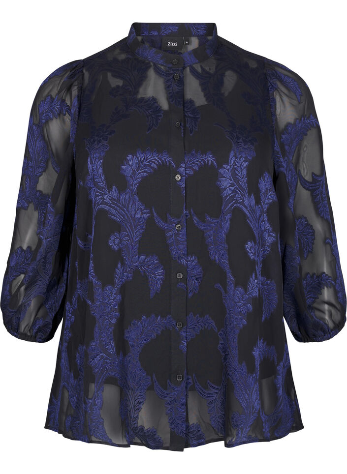 Chiffongblus med jacquardmönster, Evening Blue, Packshot image number 0