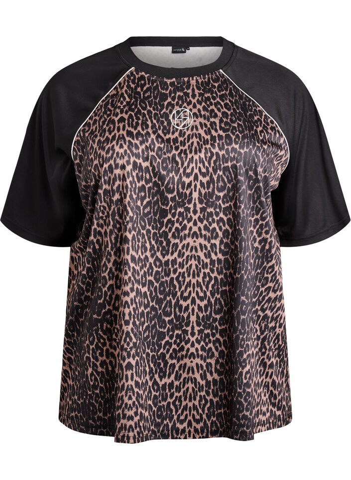 Tr&auml;nings-t-shirt med leopardm&ouml;nster och raglan&auml;rm, Brun, Packshot image number 0
