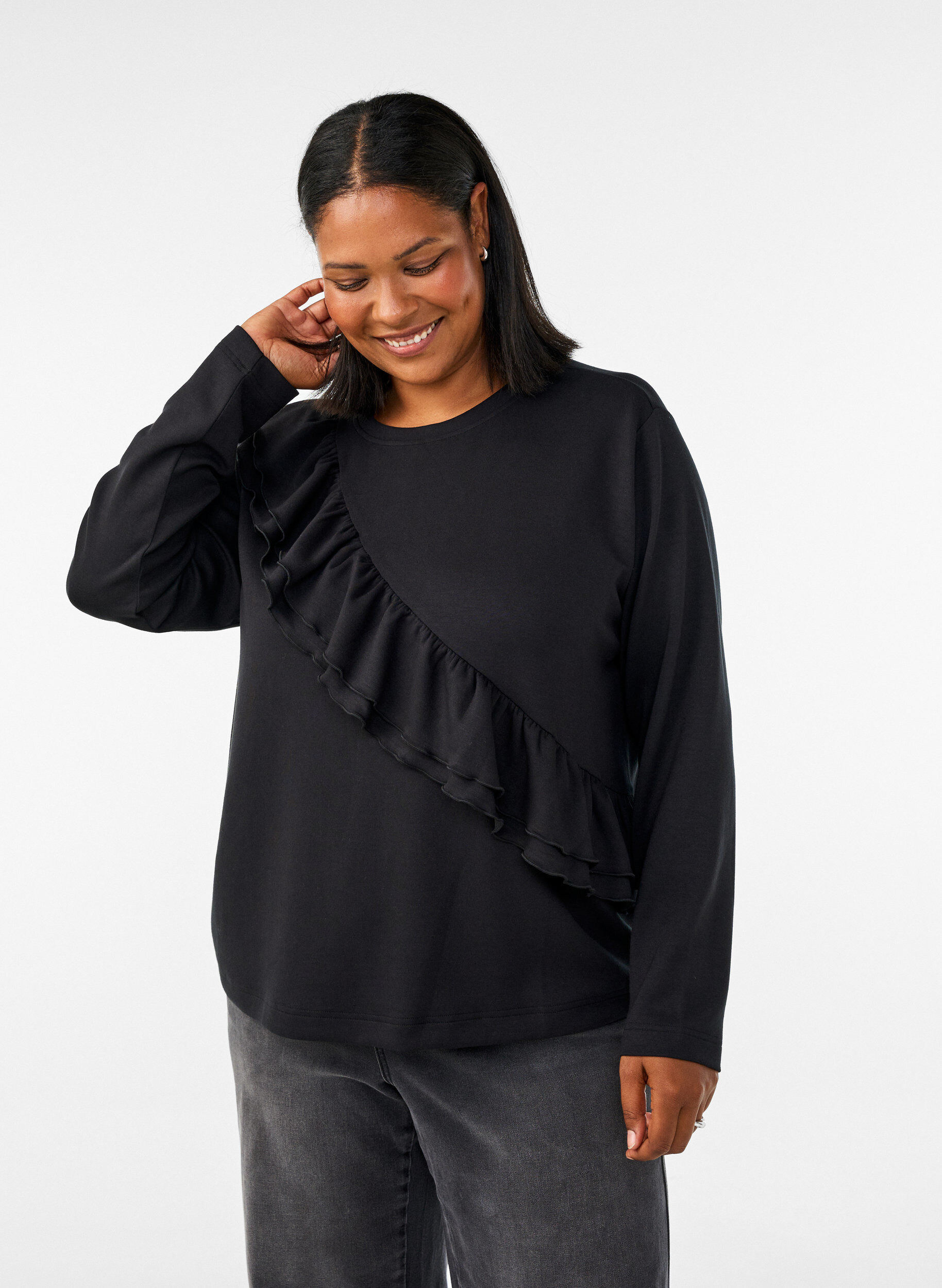 ZizziBlus i jersey med diagonal volang, Svart, Model image number 0