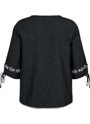 Broderad blus i bomullsblandning med linne, Black W. EMB, Packshot image number 1