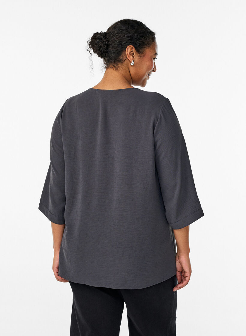 Skjortblus med v-ringning och 3/4-&auml;rm, Gr&aring;, Model image number 2