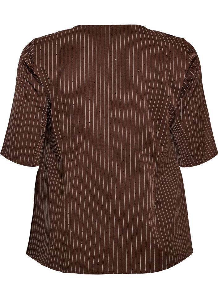 Kritstrecksrandig blus med strass och knappar, Brun, Packshot image number 1