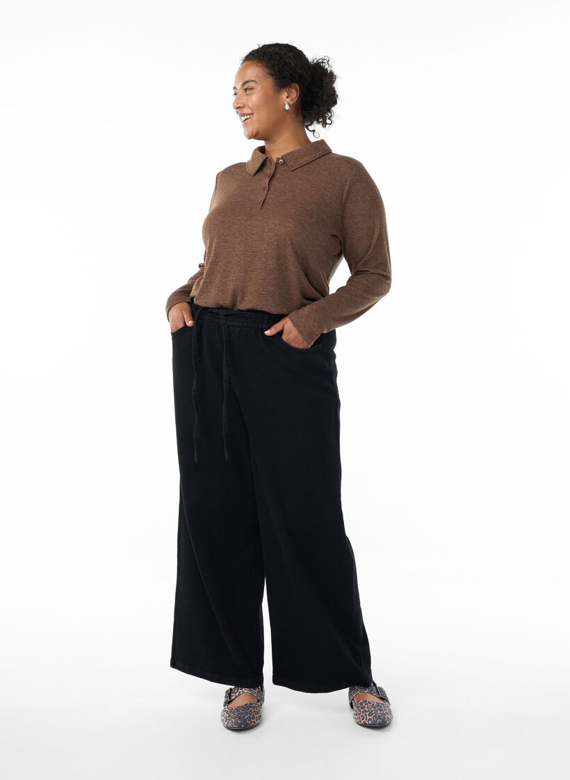 Långärmad pikétröja i stretchig ribbstickning, Brun, Model image number 1