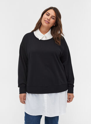 Sweatshirt med påsydd skjorta, Black, Model image number 0