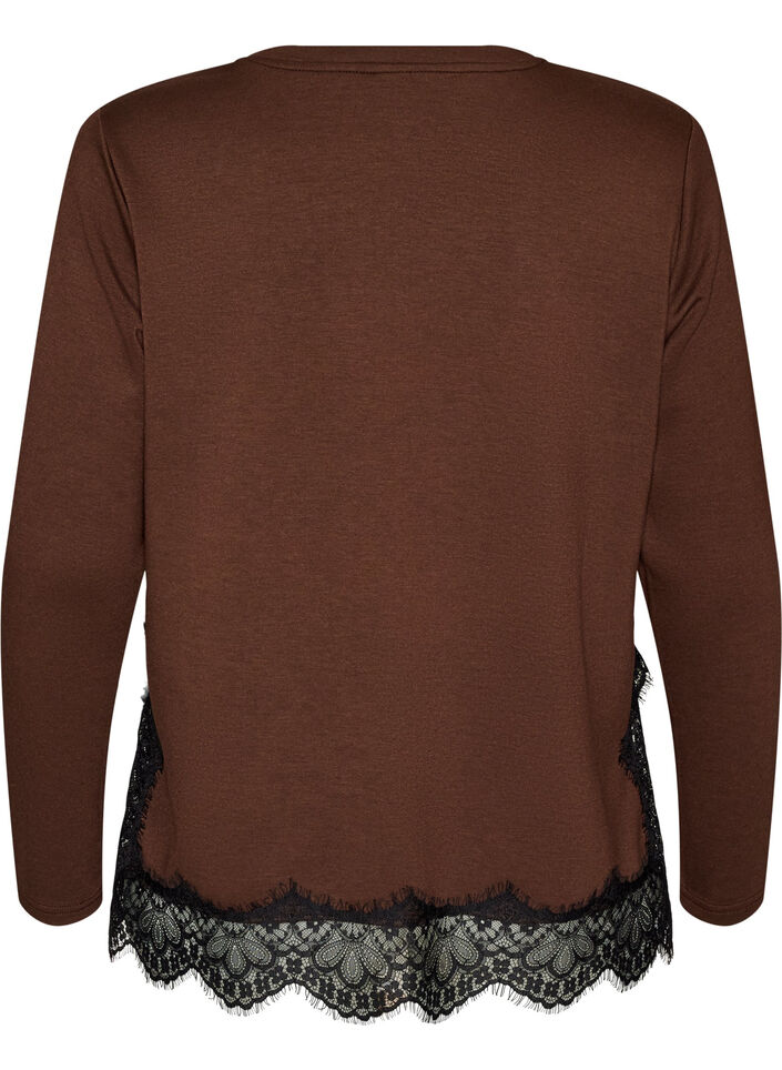 Blus i jersey med spetskant, Brun, Packshot image number 1