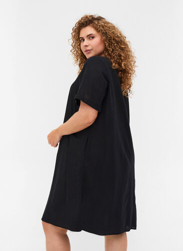 Kortärmad klänning i bomullsmix med linne, Black, Model image number 1