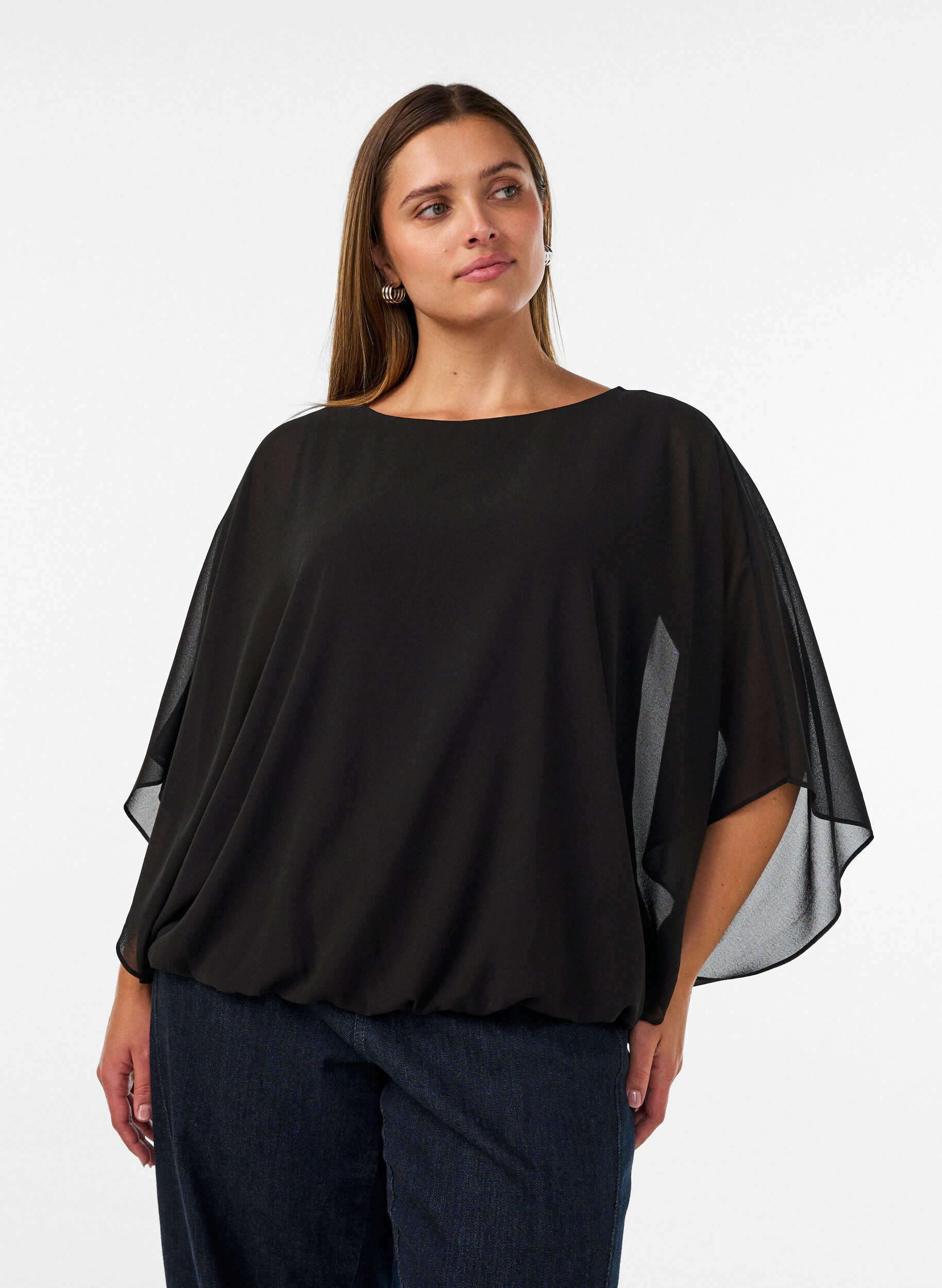 ZizziBlus i chiffong med ballongeffekt, Svart, Model image number 0