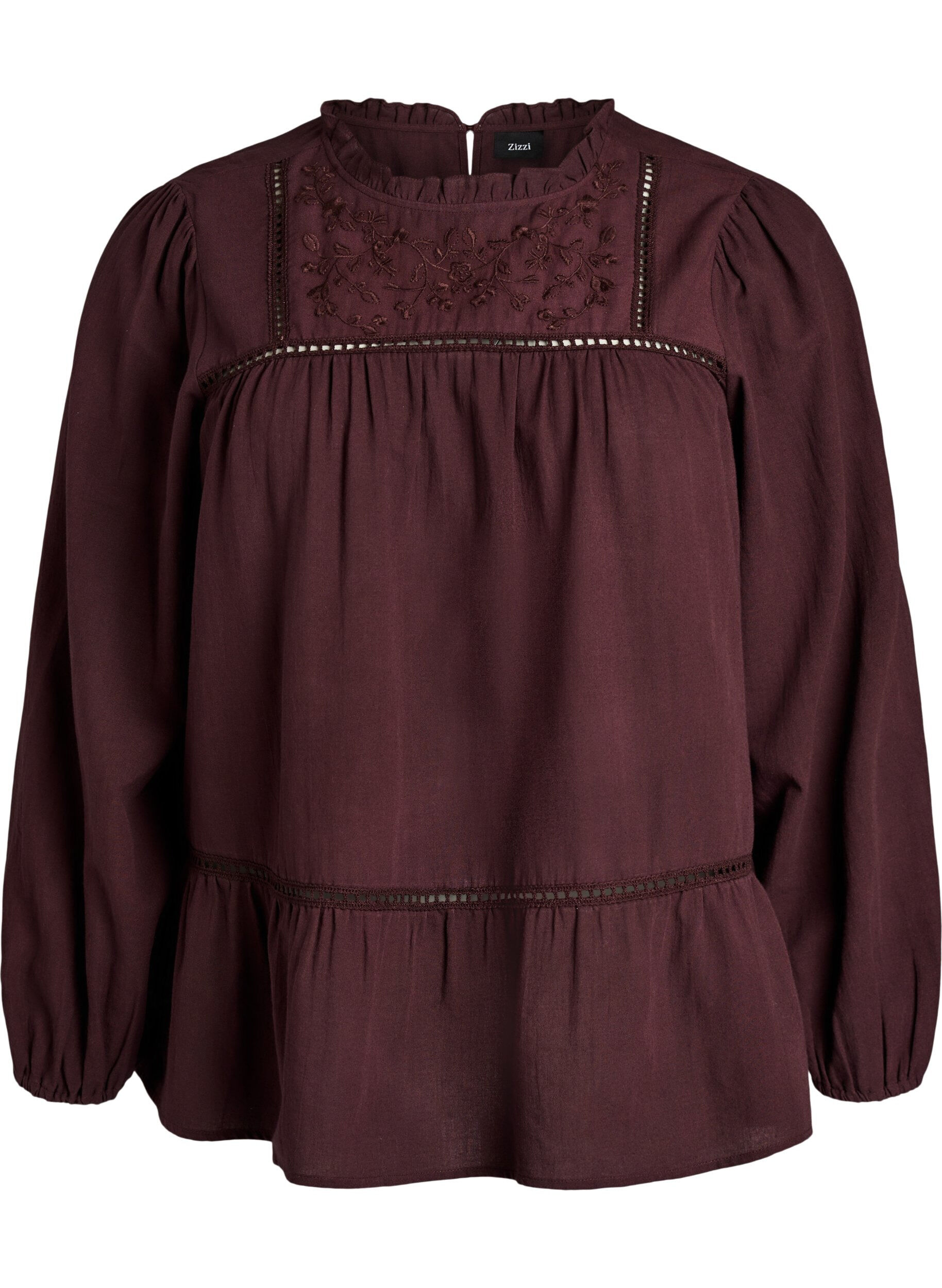 ZizziBlus med broderi och h&aring;lbroderad kantning, M&ouml;rk Bordeaux, Packshot image number 0