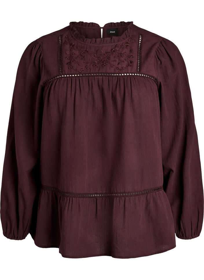 Blus med broderi och h&aring;lbroderad kantning, M&ouml;rk Bordeaux, Packshot image number 0