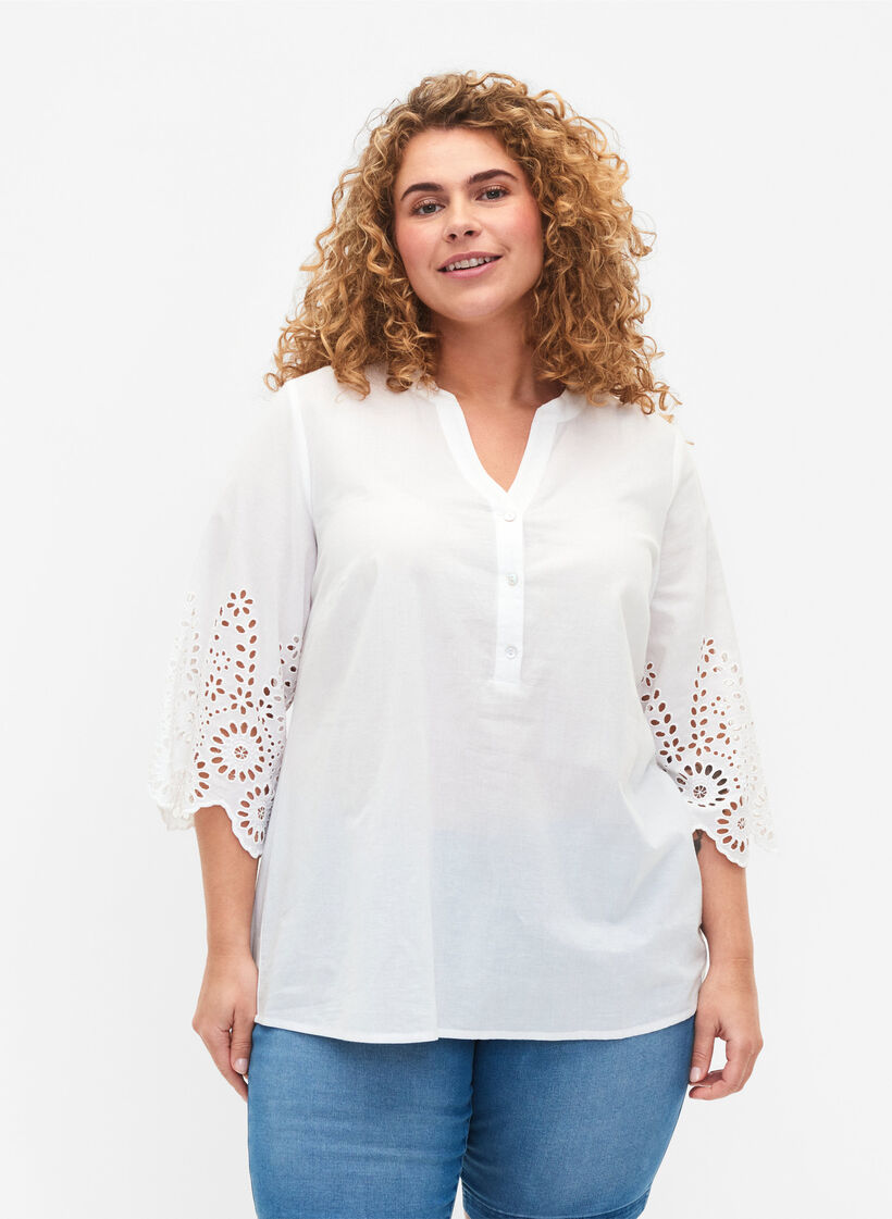 Skjortblus med broderie anglaise och 3/4-ärmar, Bright White, Model image number 0