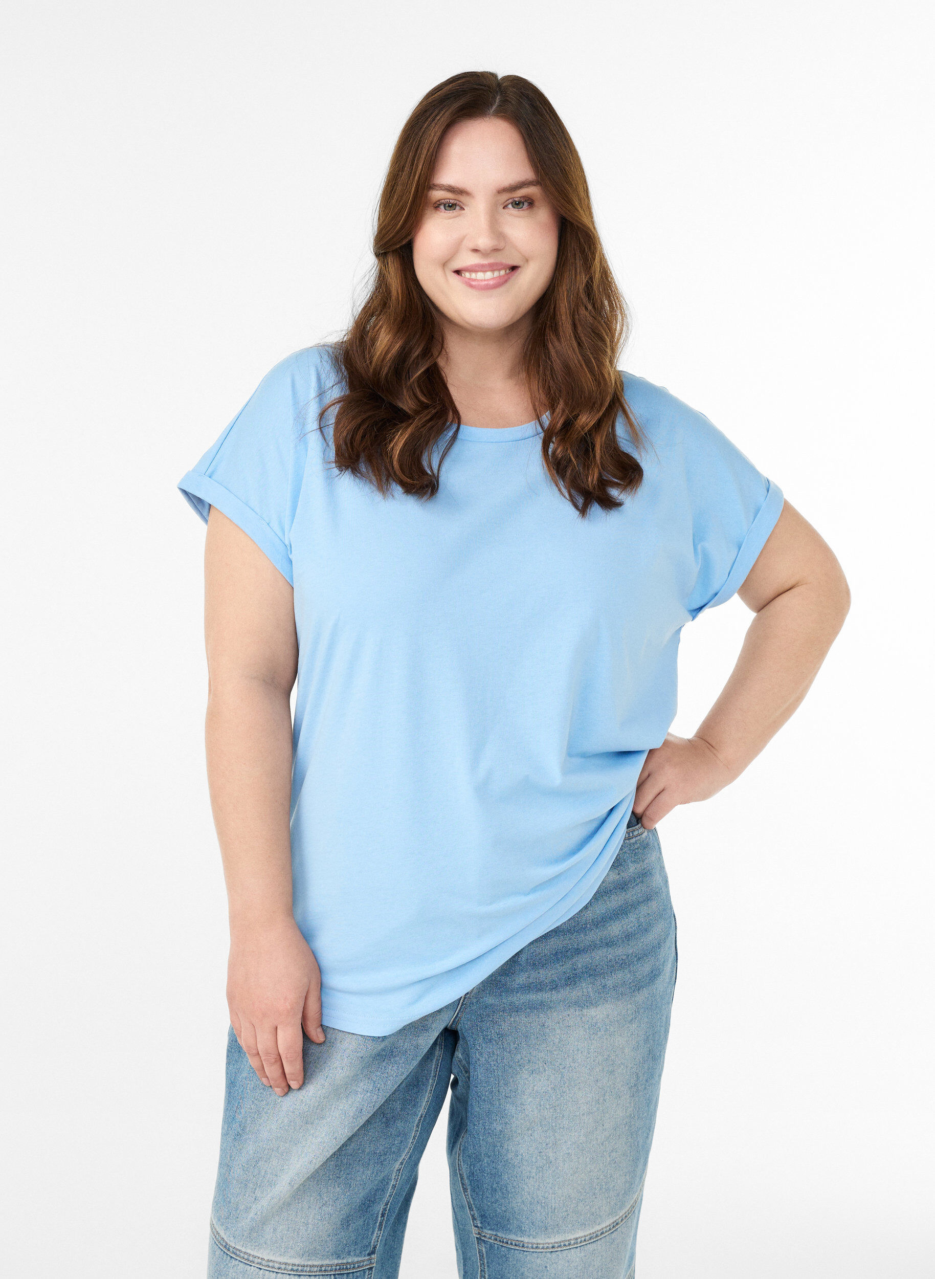 ZizziKort&auml;rmad t-shirt i bomullsblandning, Bl&aring;, Model image number 0