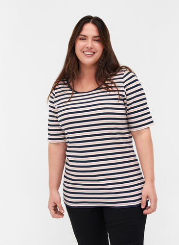 Randig och ribbad t-shirt i bomull, Blue Rose Stripe, Model image number 0