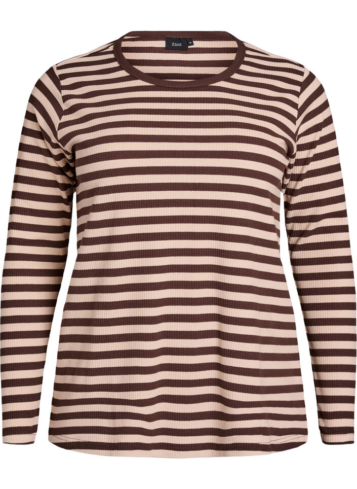 Randig blus med l&aring;nga &auml;rmar, Brun, Packshot image number 0