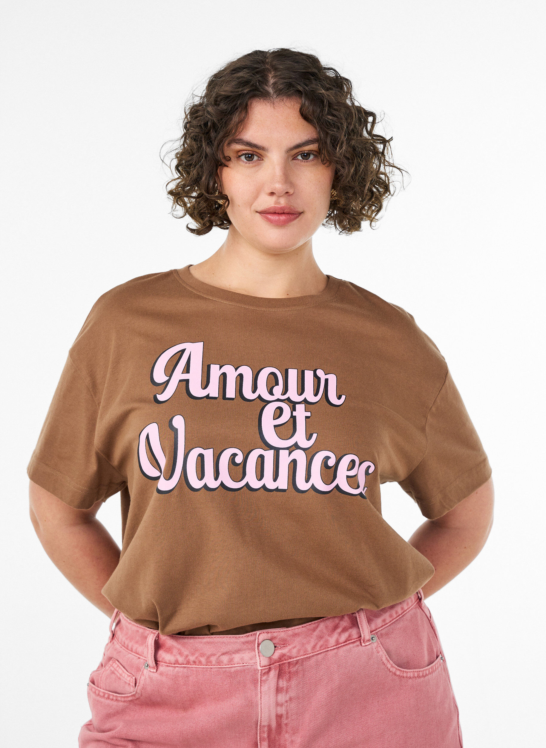 ZizziT-shirt i 100% bomull med korta &auml;rmar och tryck, Brun, Model image number 0