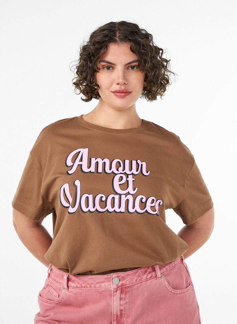 T-shirt i 100% bomull med korta &auml;rmar och tryck, Brun, Model image number 0