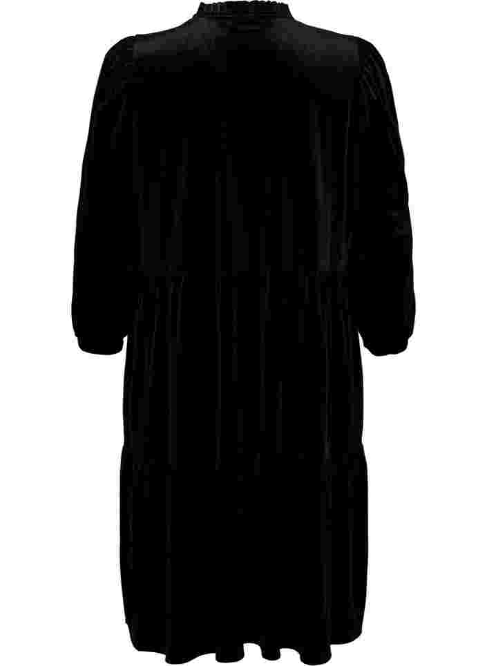Velourklänning med volangkrage och 3/4-ärmar, Black, Packshot image number 1