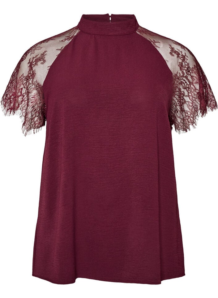 Blus med korta &auml;rmar i spets och h&ouml;g krage, R&ouml;d, Packshot image number 0