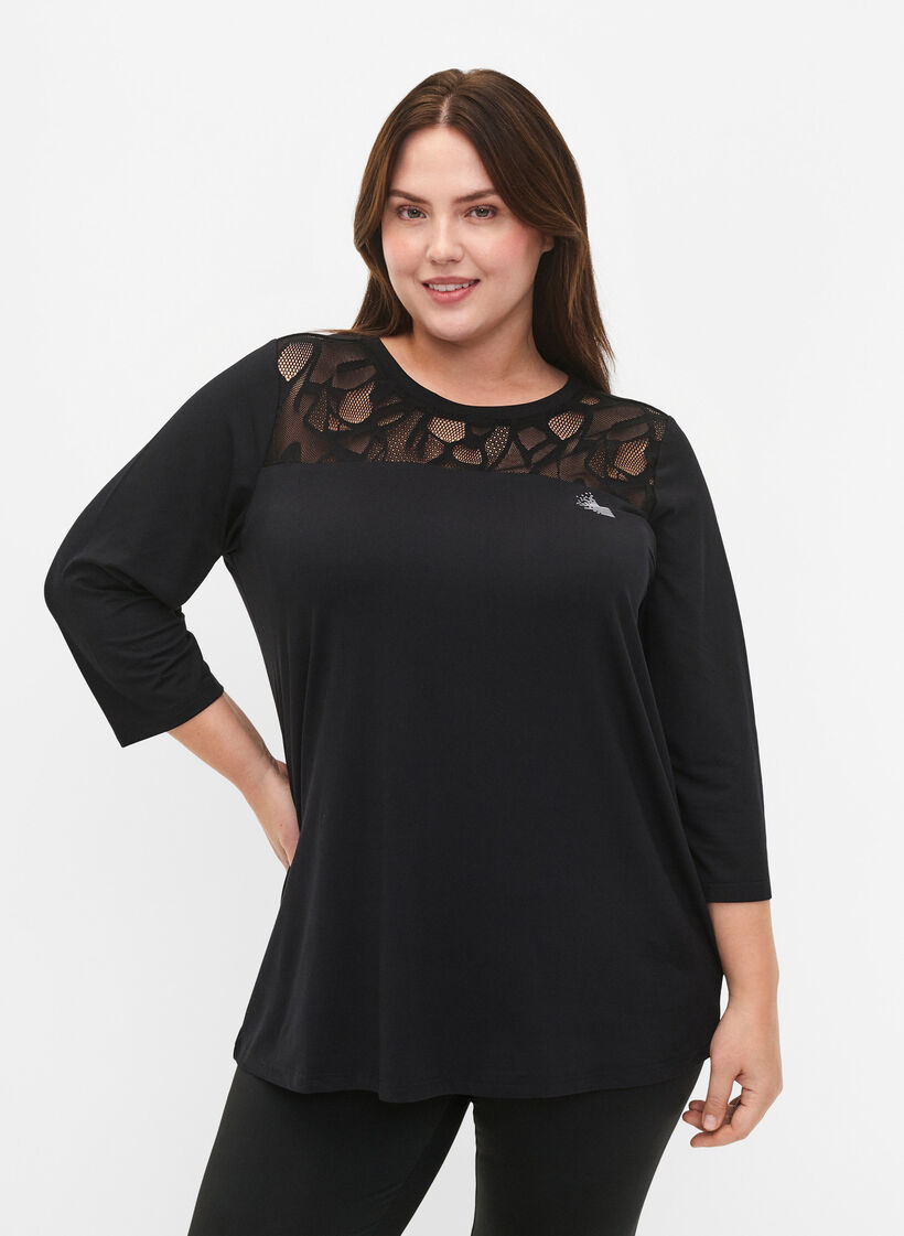 Tränings t-shirt med 3/4 ärmar och mönstrad mesh, Black, Model image number 0