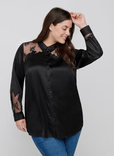 Skjorta med mesh och spets, Black, Model image number 0