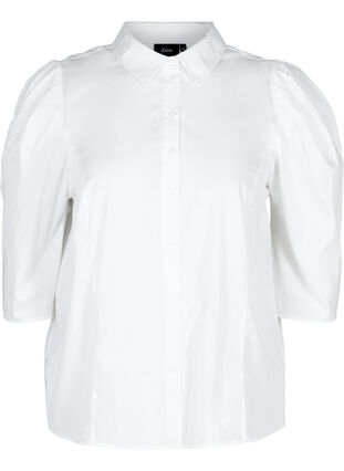 Skjorta i bomull med 3/4 puffärmar, Bright White, Packshot image number 0