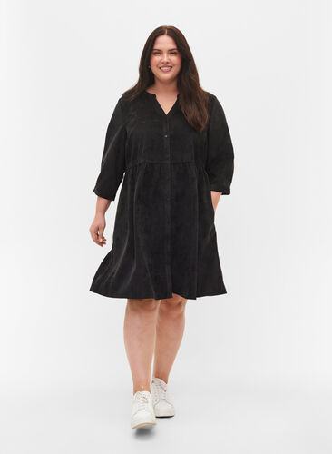 Klänning med 3/4-ärmar och knappar, Black, Model image number 1